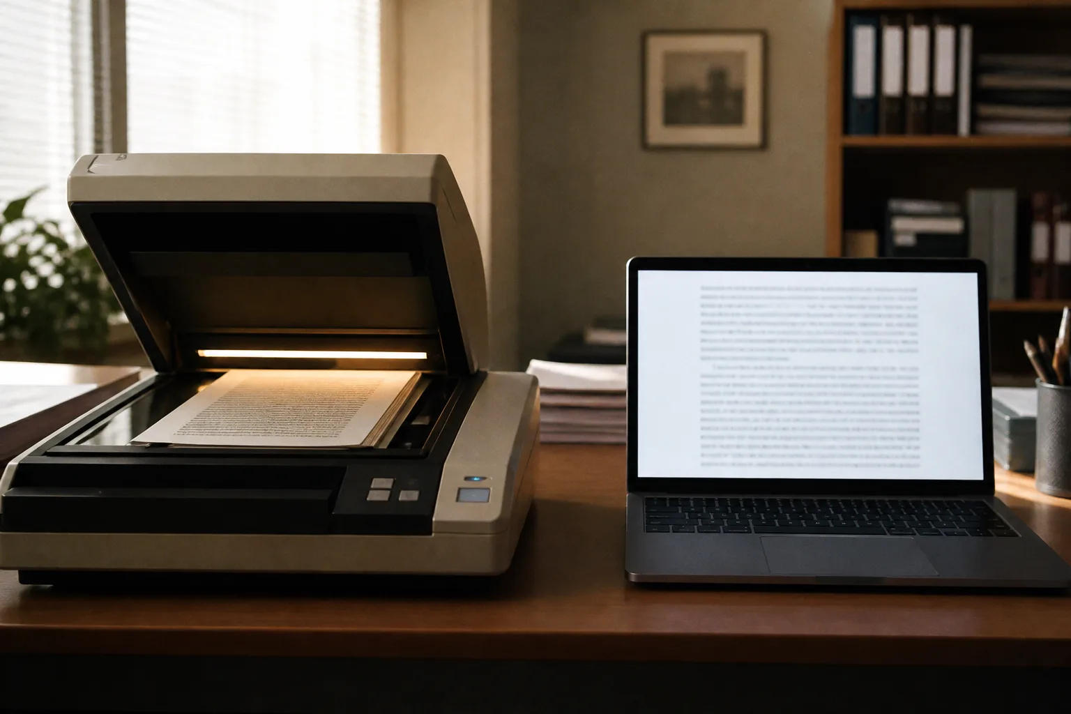 Desktop OCR workstation next to a laptop with extracted text