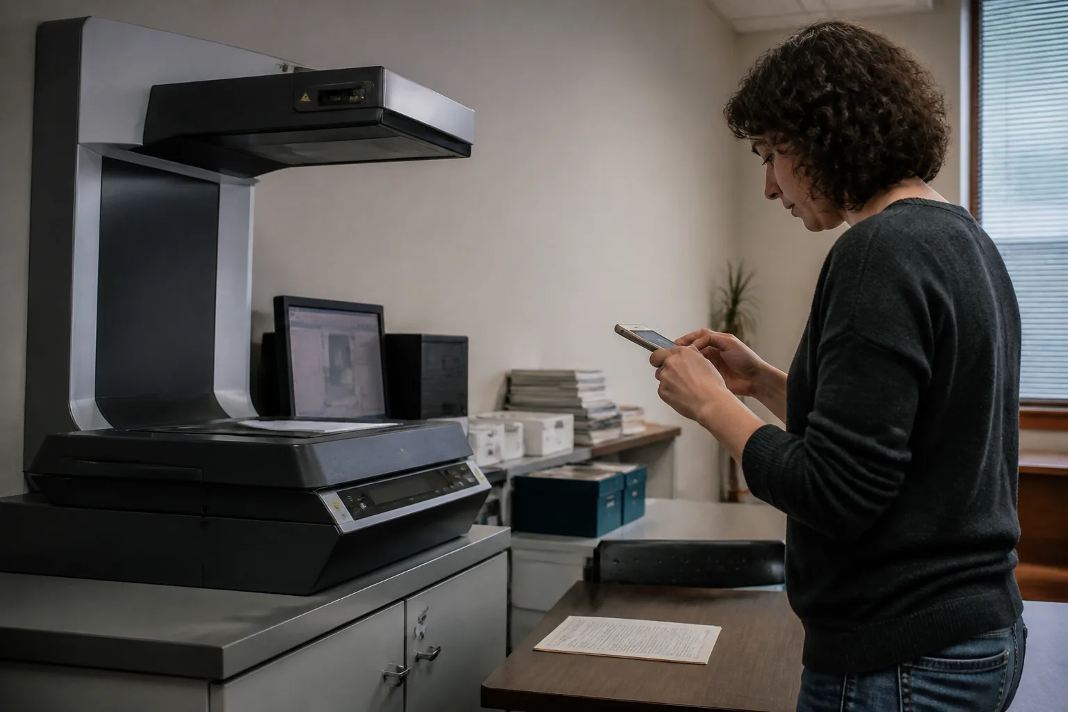 Office document scanners beside a phone photographing a page