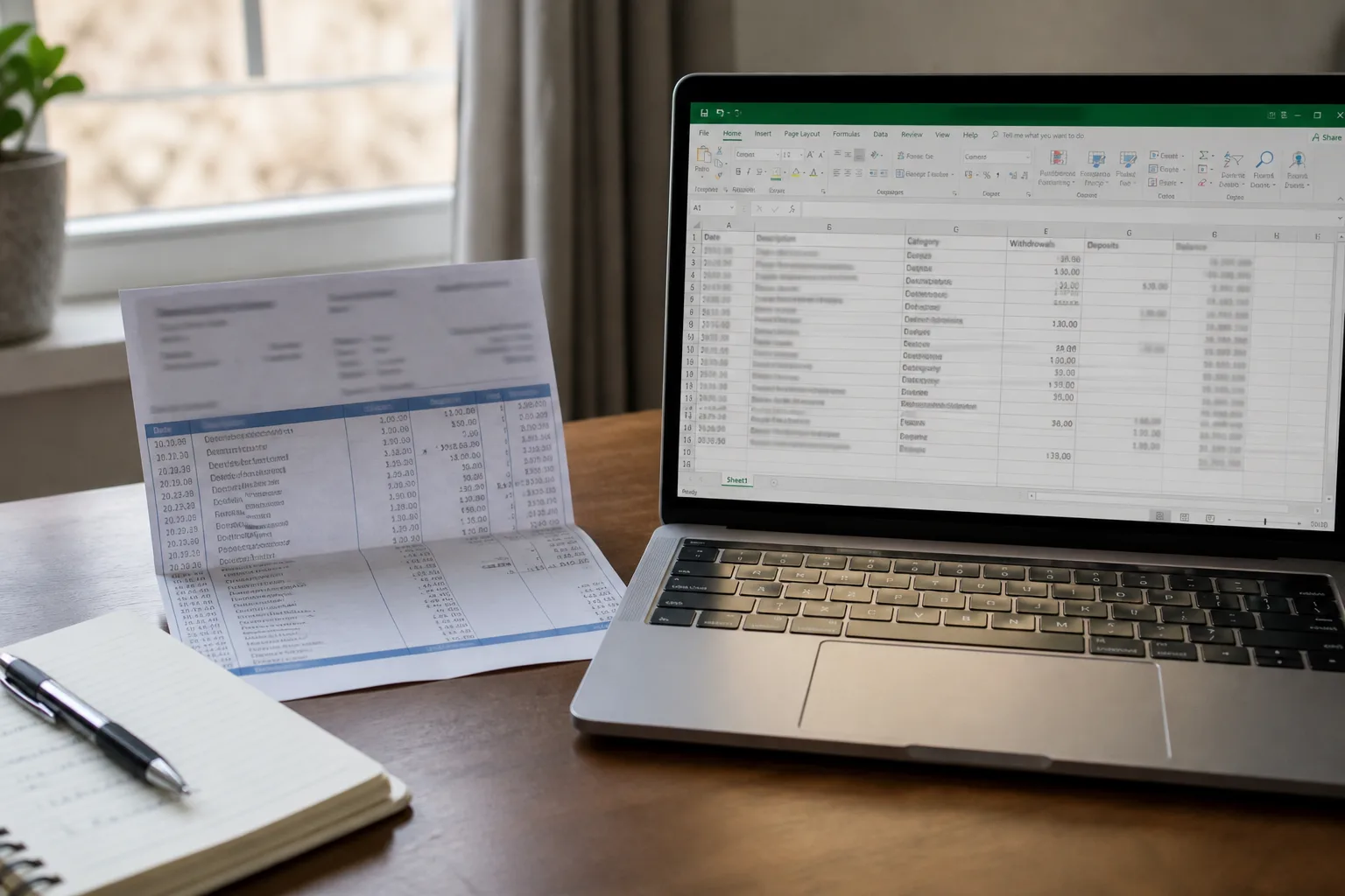Paper bank statement beside an Excel sheet of transactions