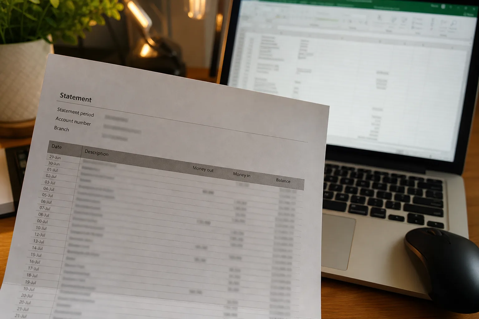 Phone photo of a bank statement converted into a spreadsheet