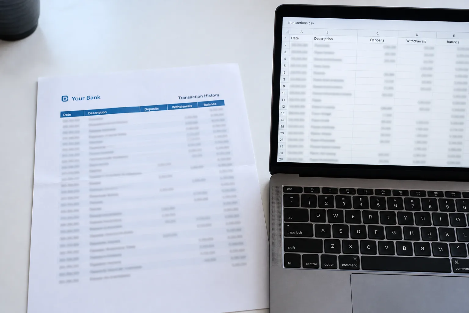 Bank statement printout with transaction rows beside a CSV file on screen