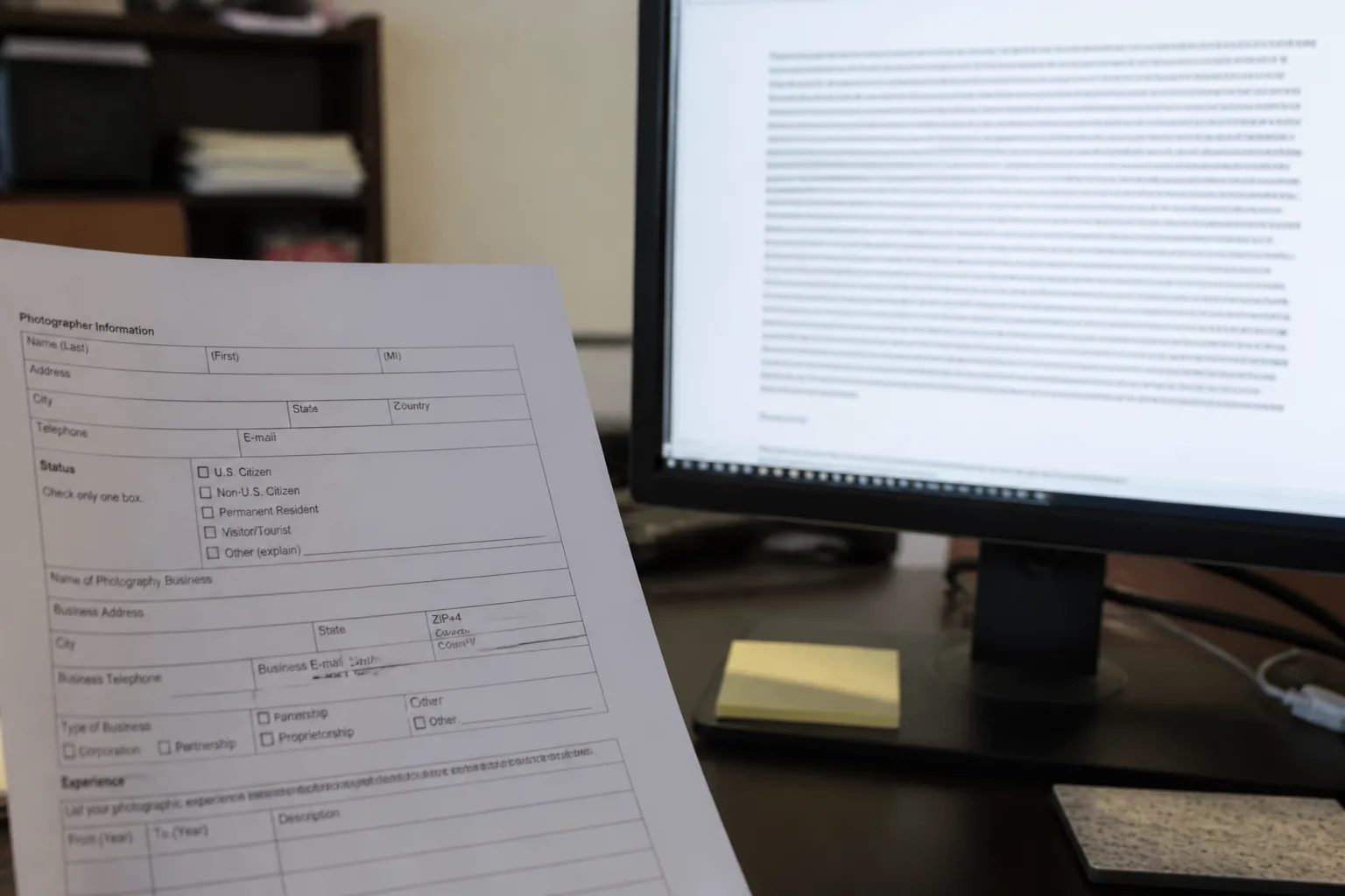 Printed form next to copyable text on a computer screen