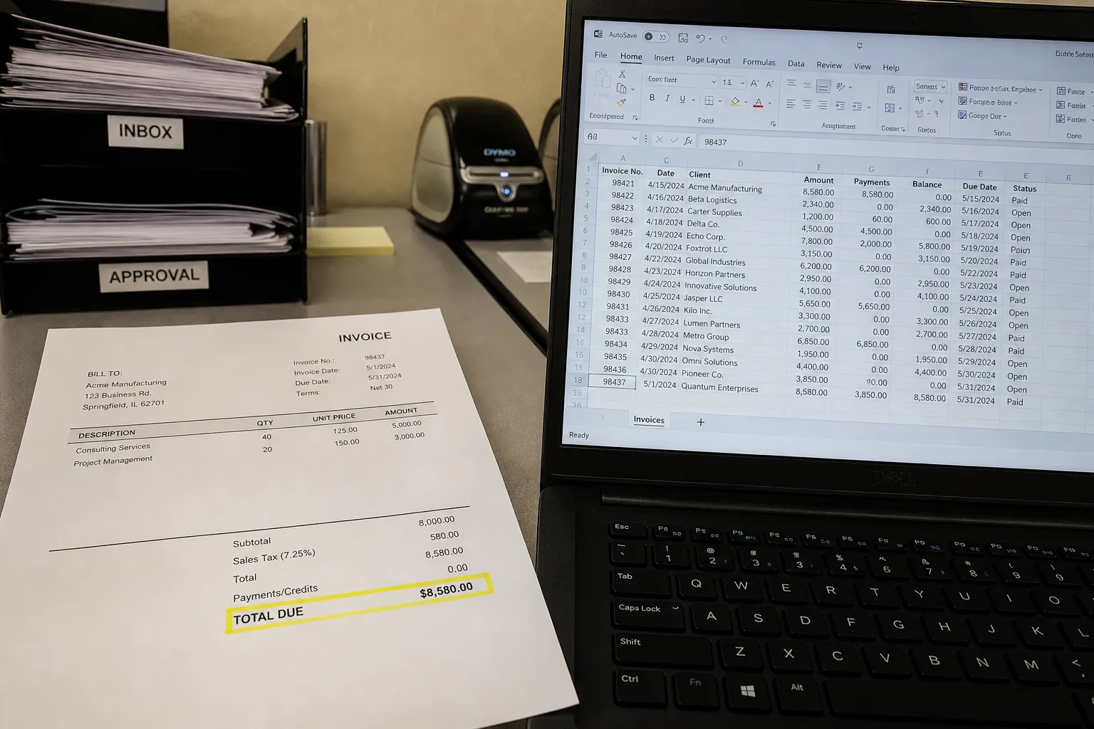 Invoice with a highlighted data region beside a laptop spreadsheet