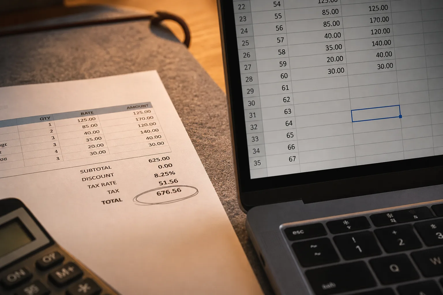 Printed invoice fields next to an editable Excel sheet