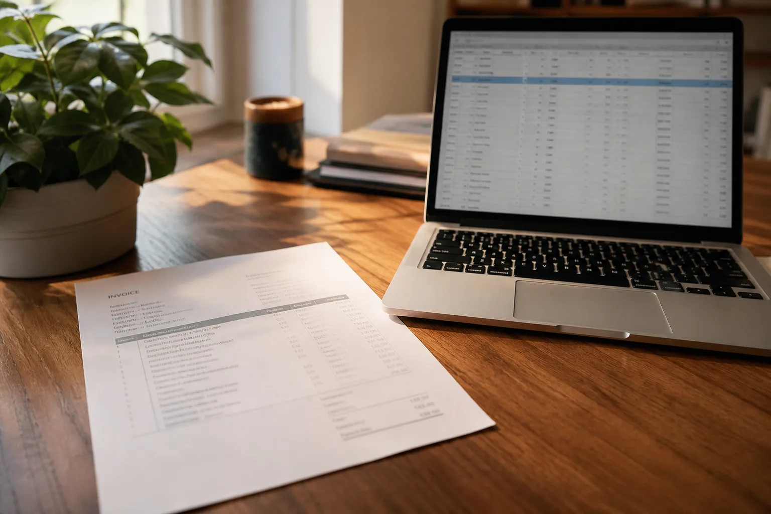 Invoice on a desk beside a laptop showing a spreadsheet grid