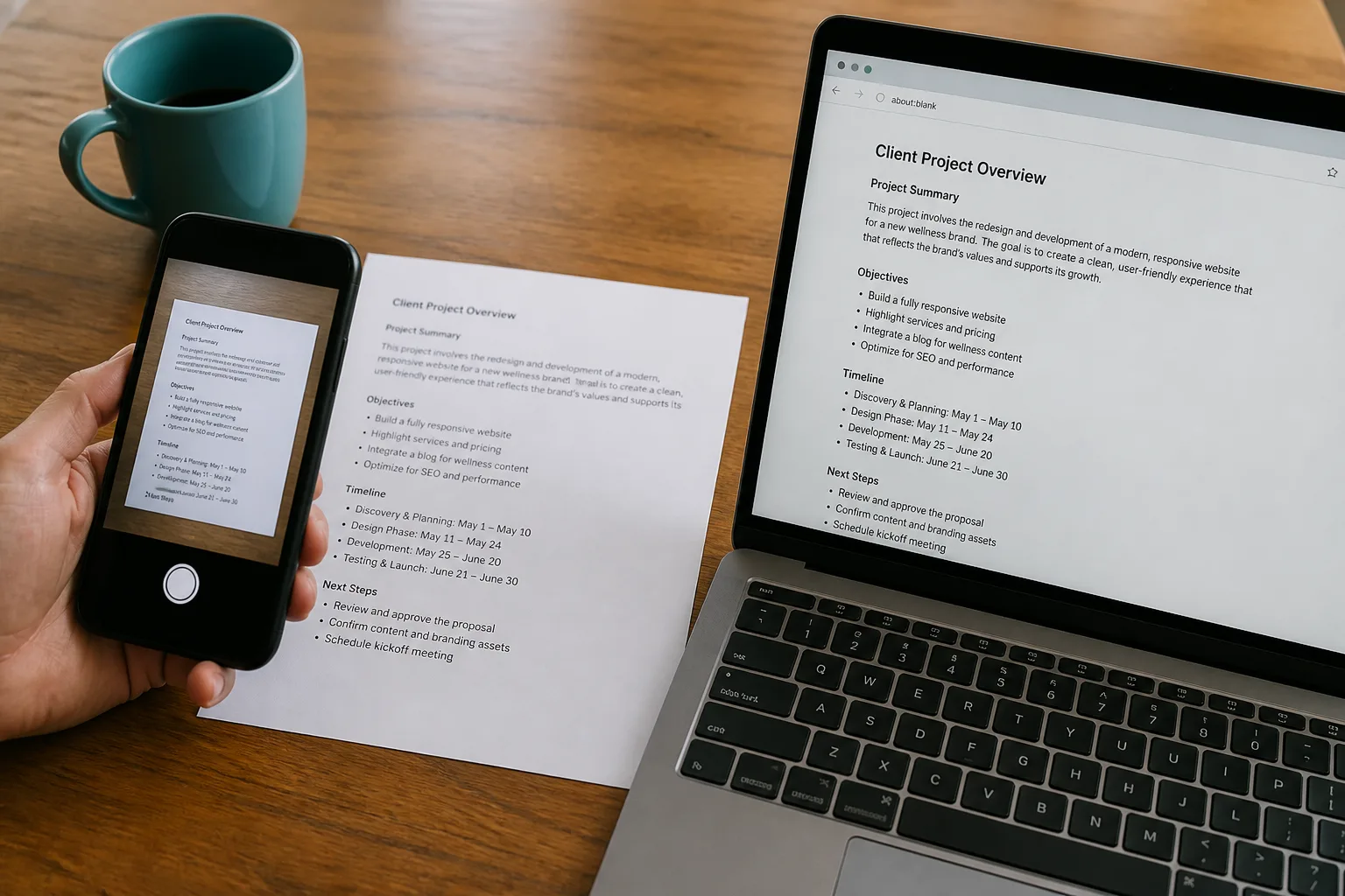 Phone OCR app beside a laptop browser converting the same photo