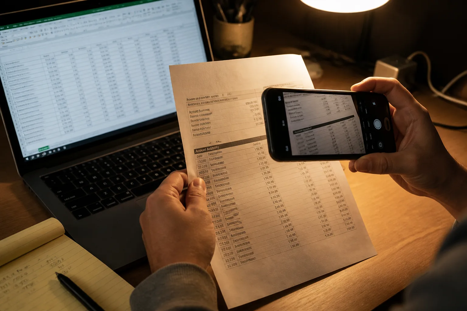 Photo of a bank statement being typed into Excel on a desk