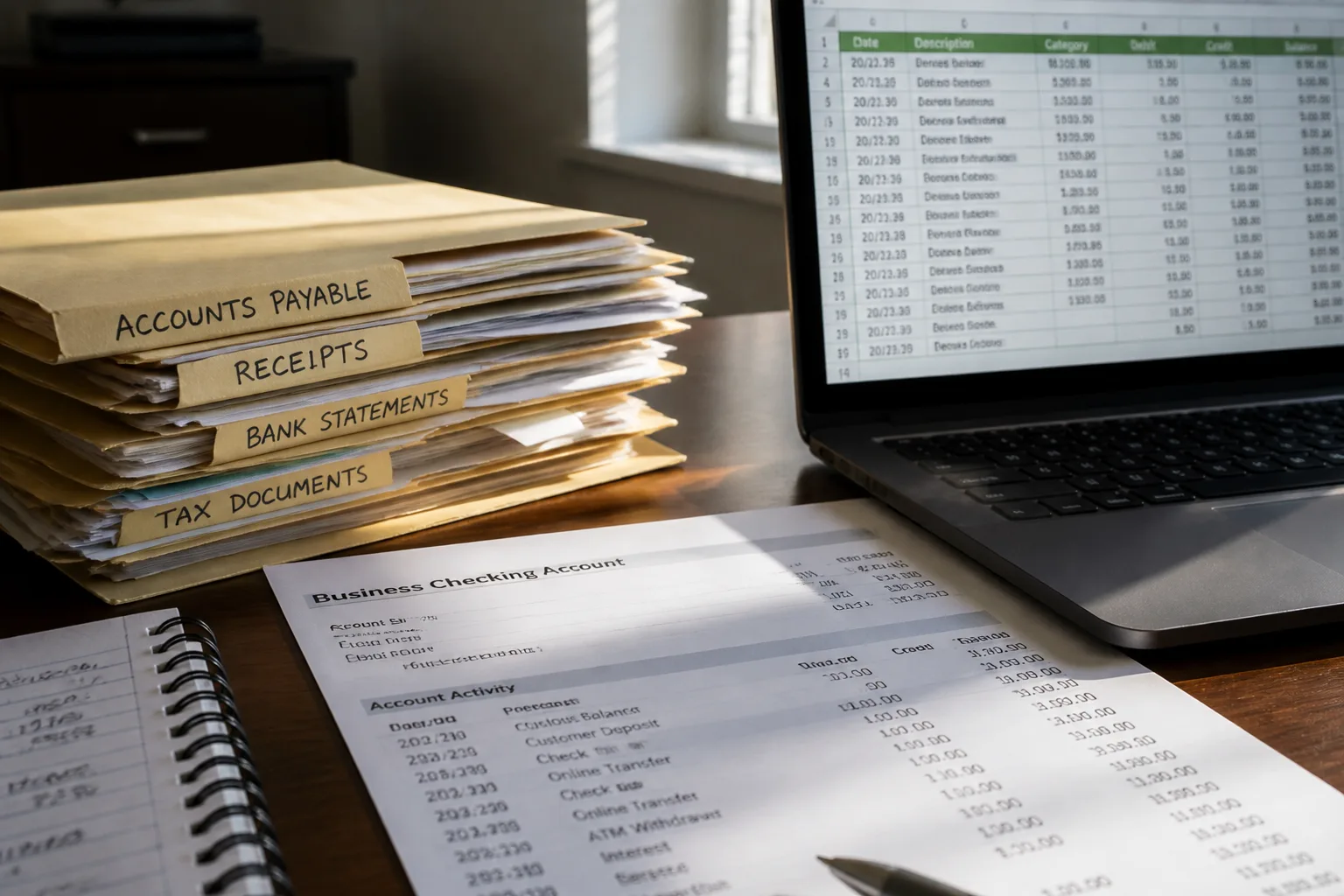 Accounting folders and a printed statement beside a laptop spreadsheet