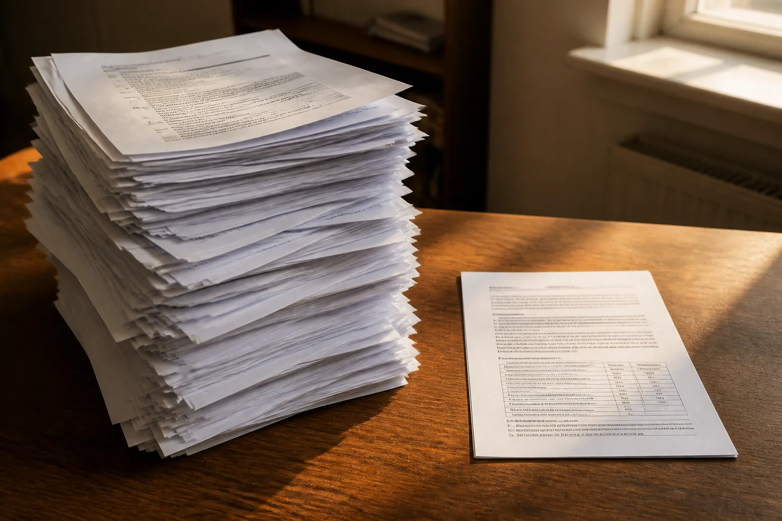 Stack of PDF printouts beside a single photo of a document