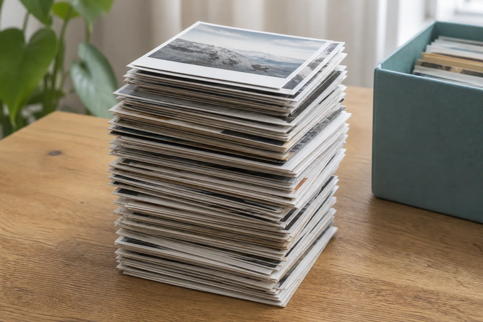 Large stack of photo prints ready for bulk OCR