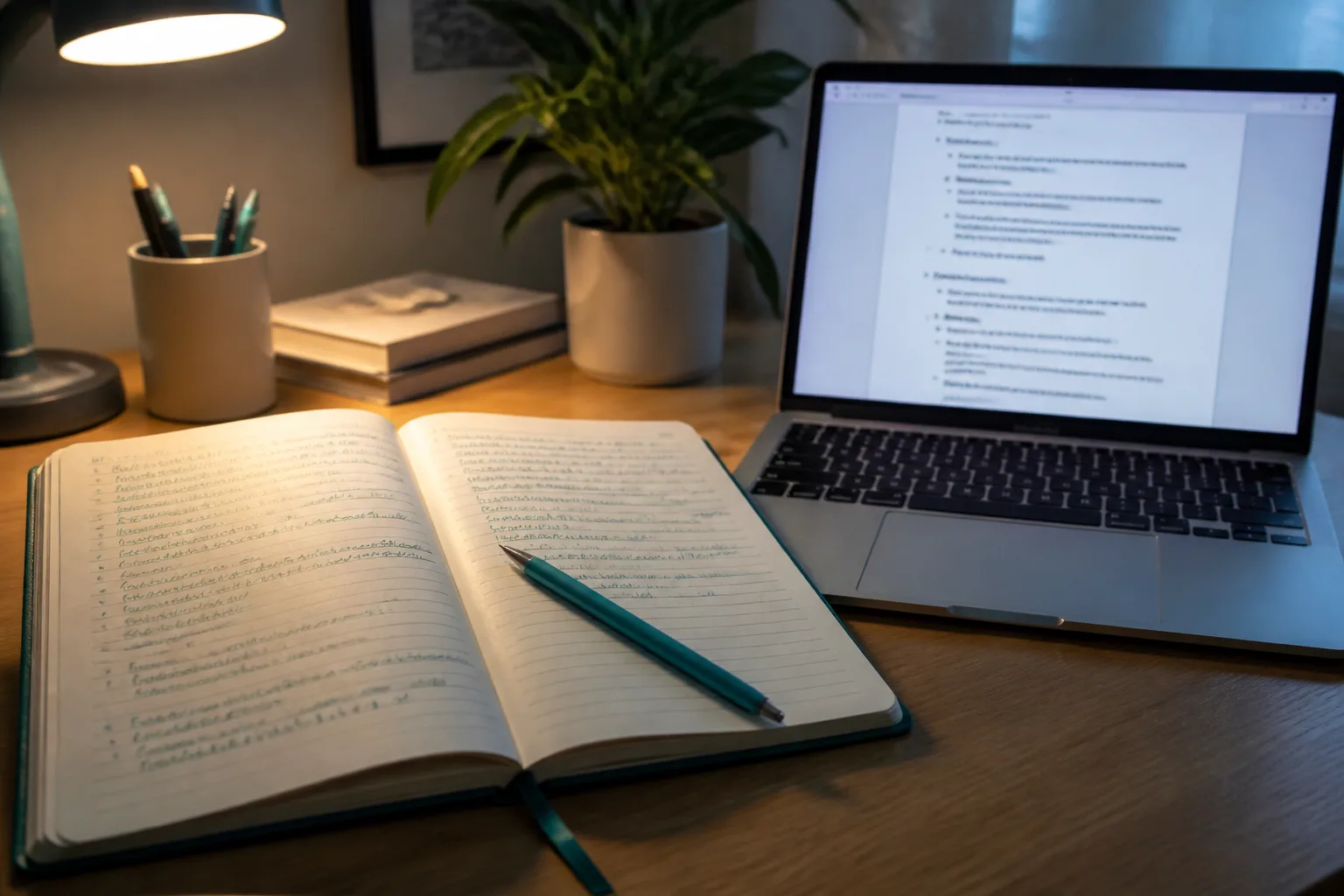 Handwritten notebook next to extracted digital notes