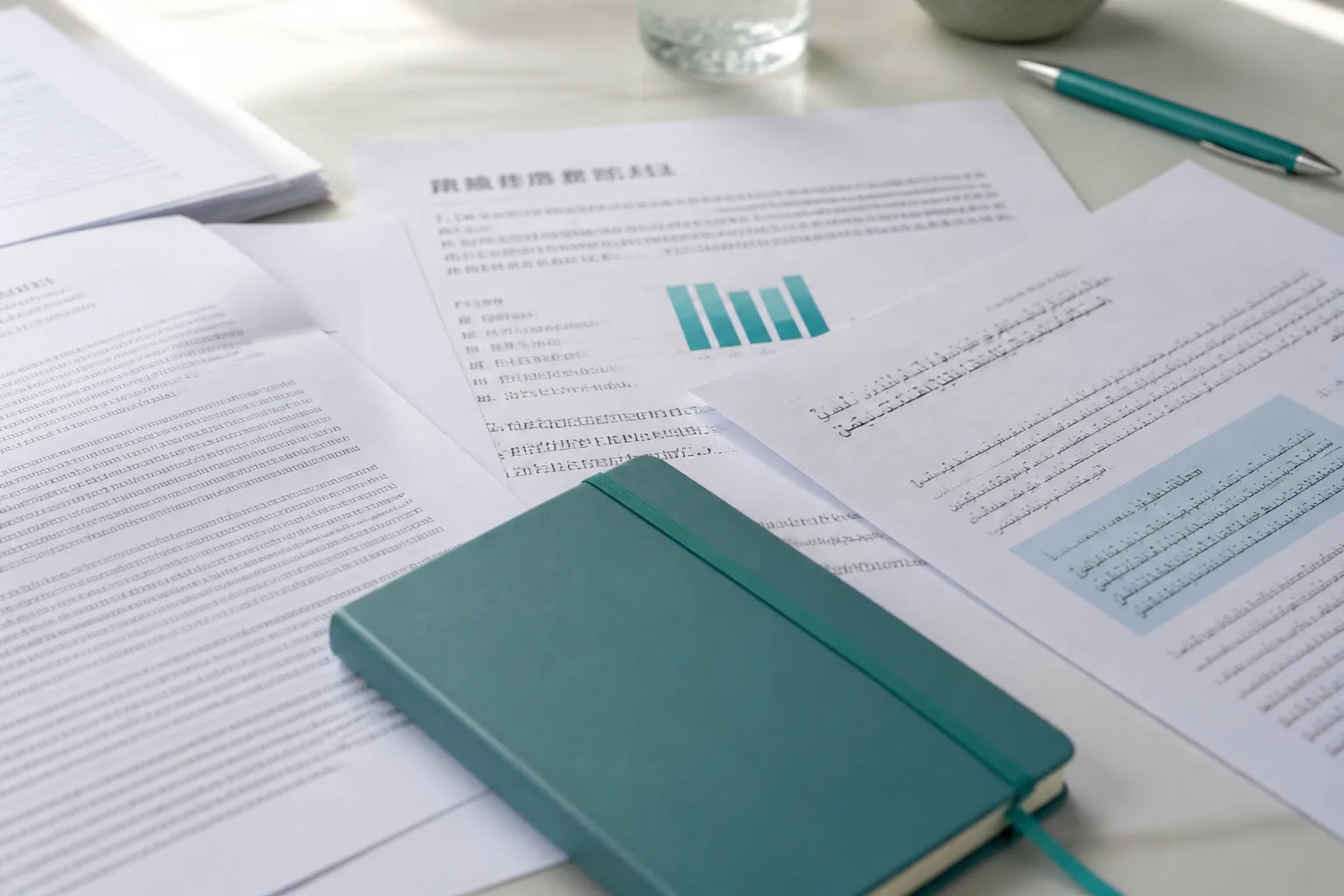 Printed pages in several languages spread on a desk