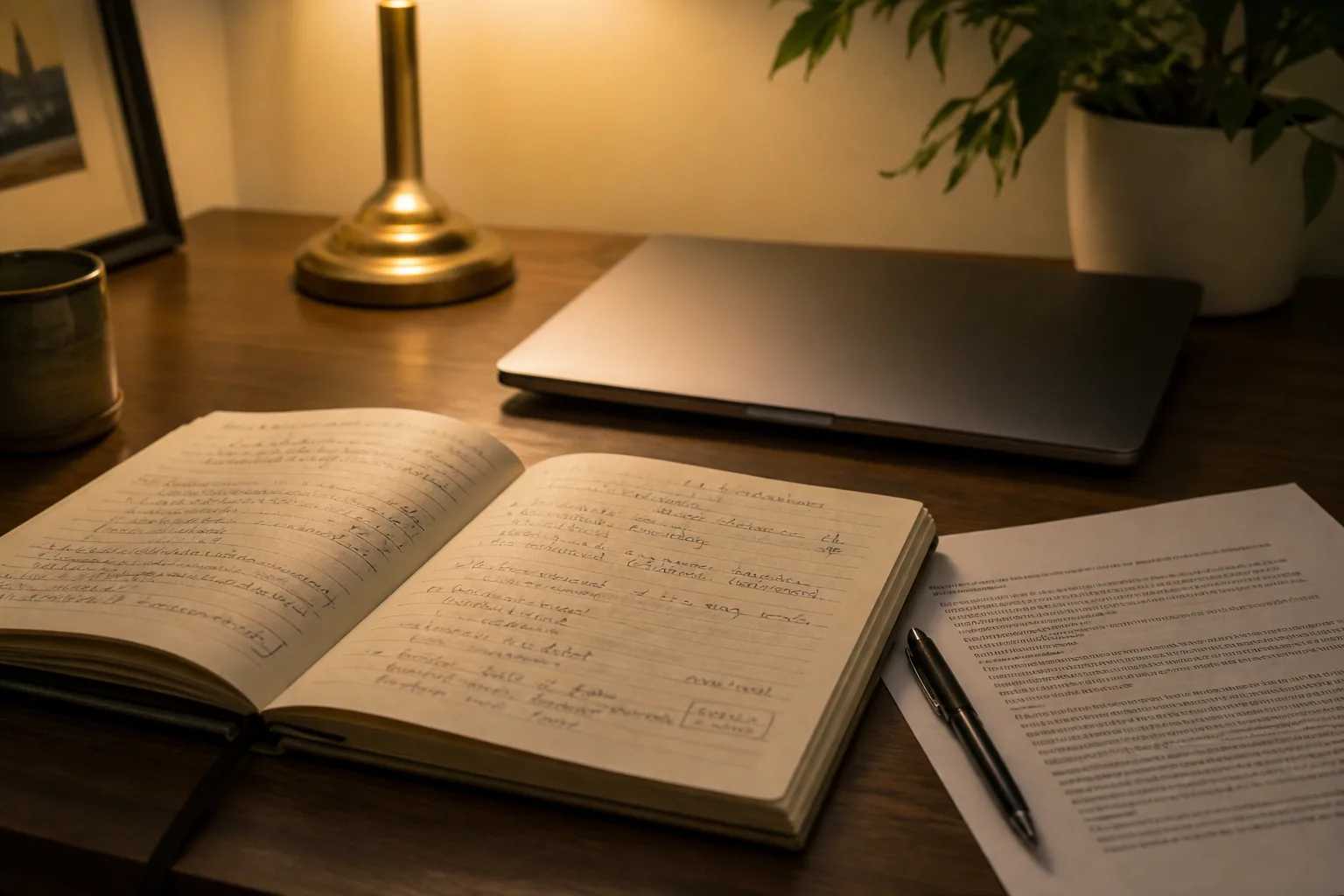 Notebook of handwritten notes beside a laptop with a document