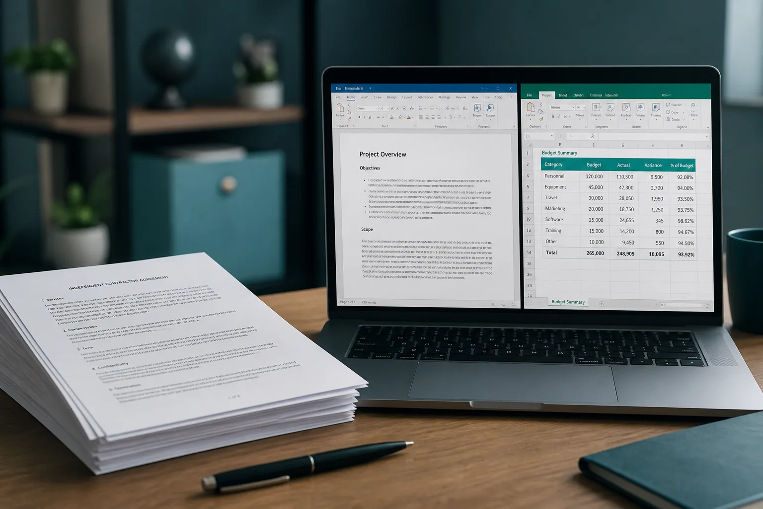 Scanned PDF pages beside an editable Word document and Excel sheet