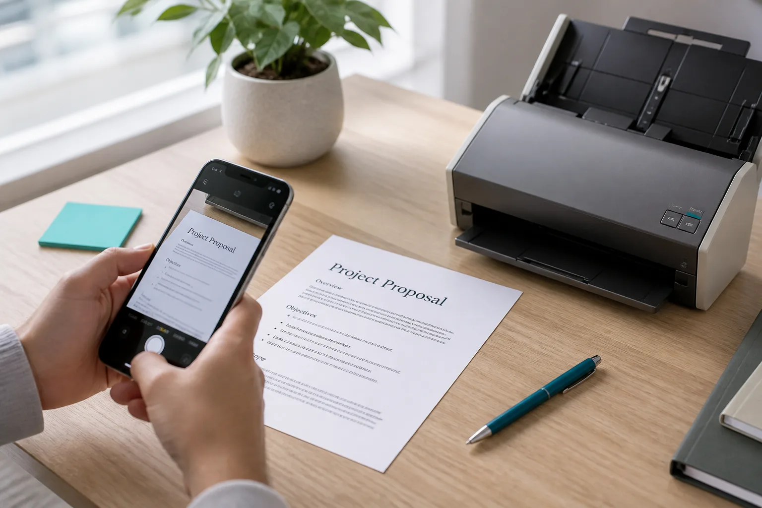 Phone photographing a printed page next to a desktop document scanner