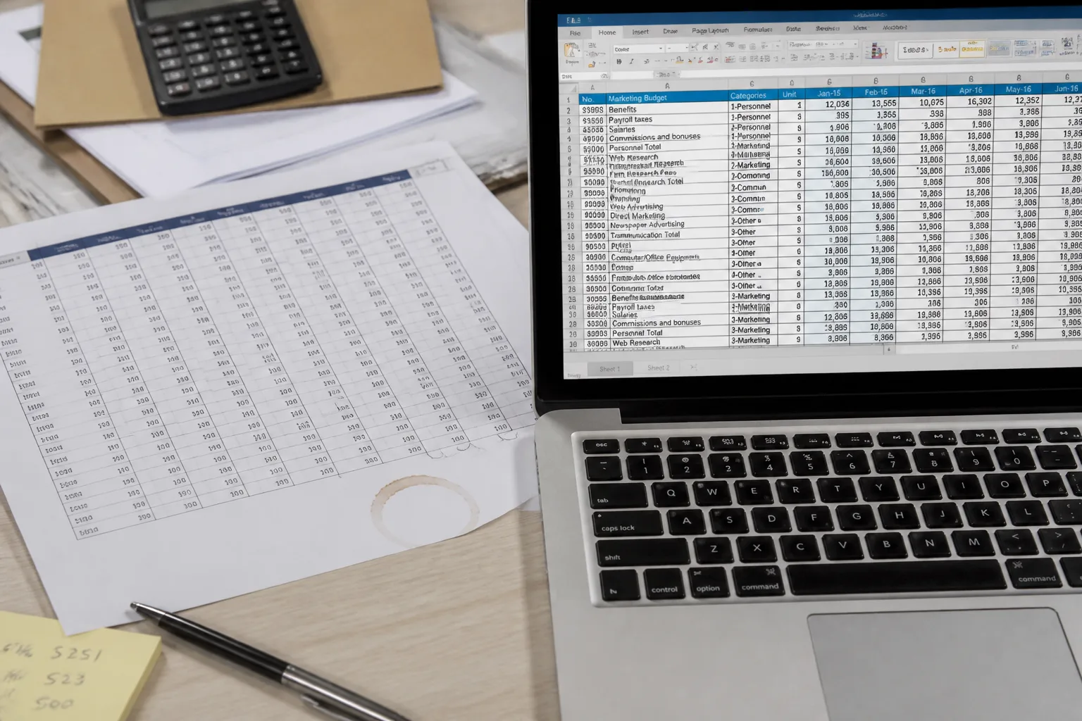 Printed PDF table beside an open spreadsheet on a laptop