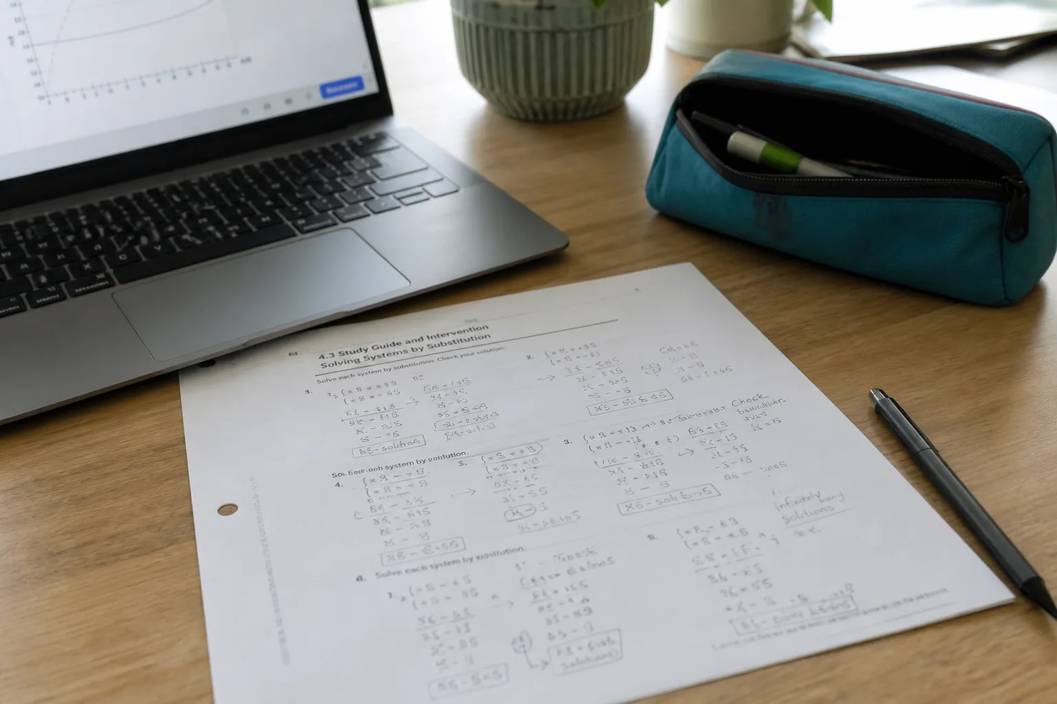 Printed worksheet with math notes beside a laptop