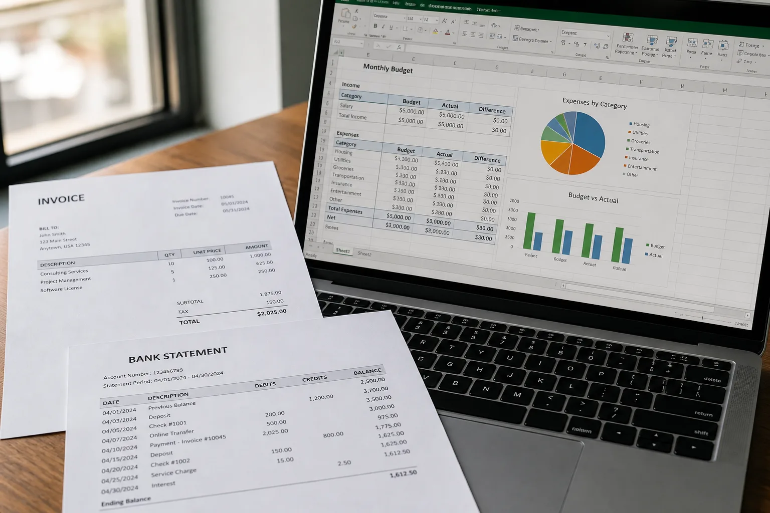 Invoice and bank statement printouts beside an Excel workbook