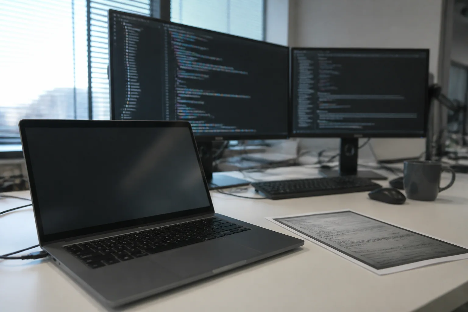 Developer workstation with documents beside a simple laptop dropzone