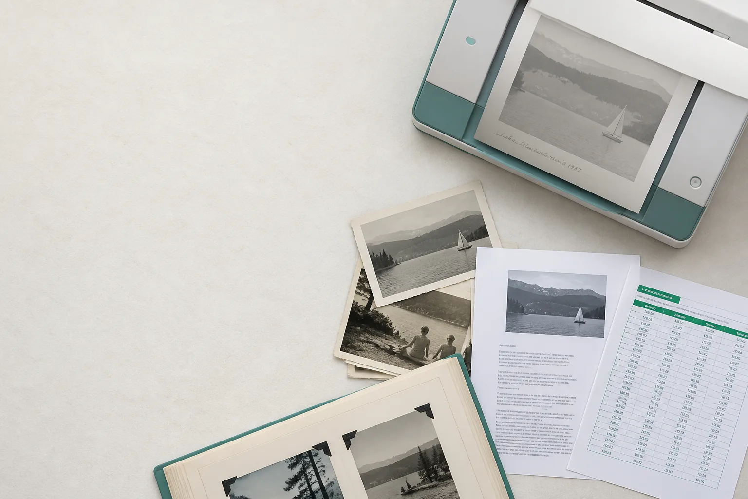 Photos, scans, and spreadsheets arranged for an OCR comparison