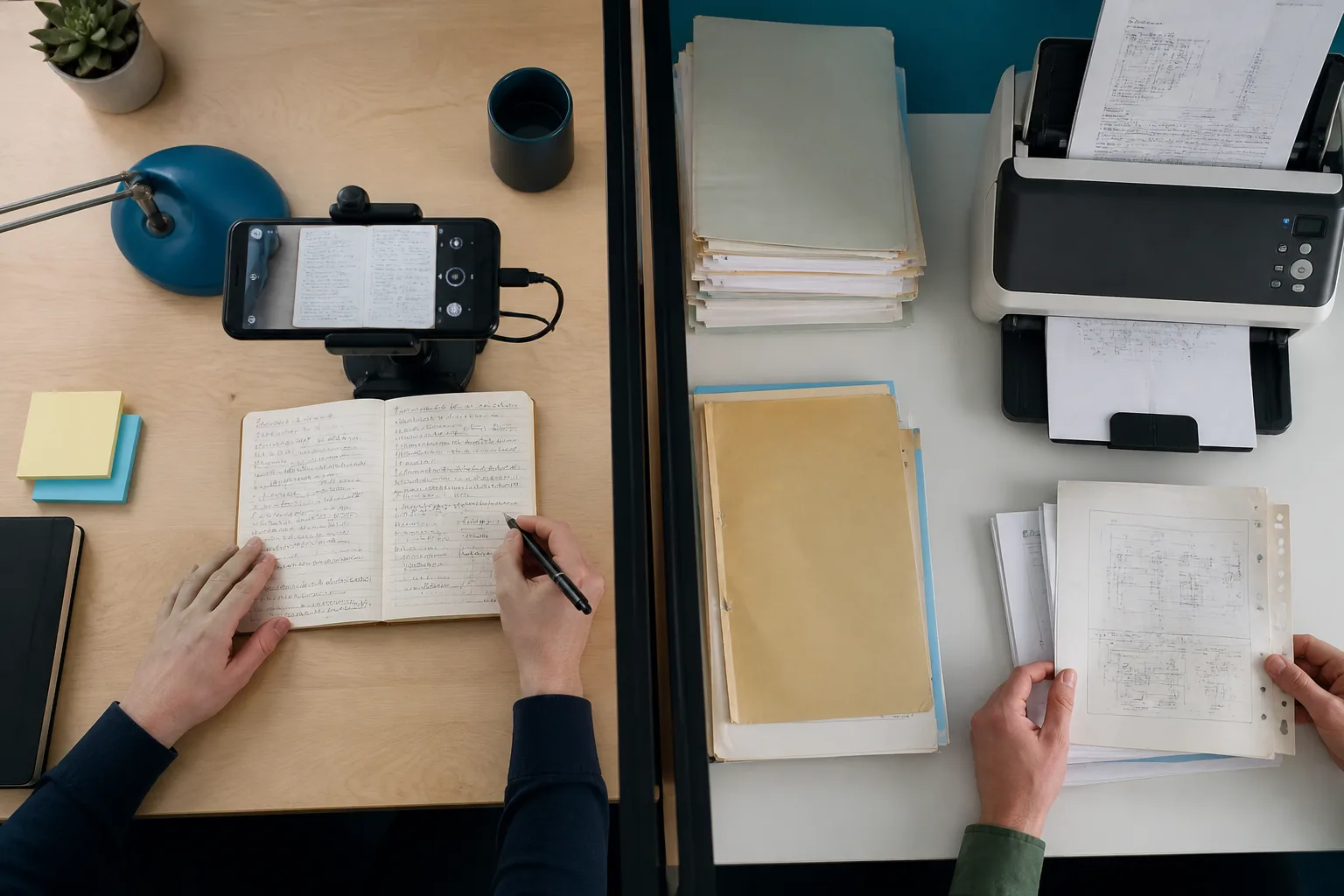 A phone scanning notes beside a stack of archive documents