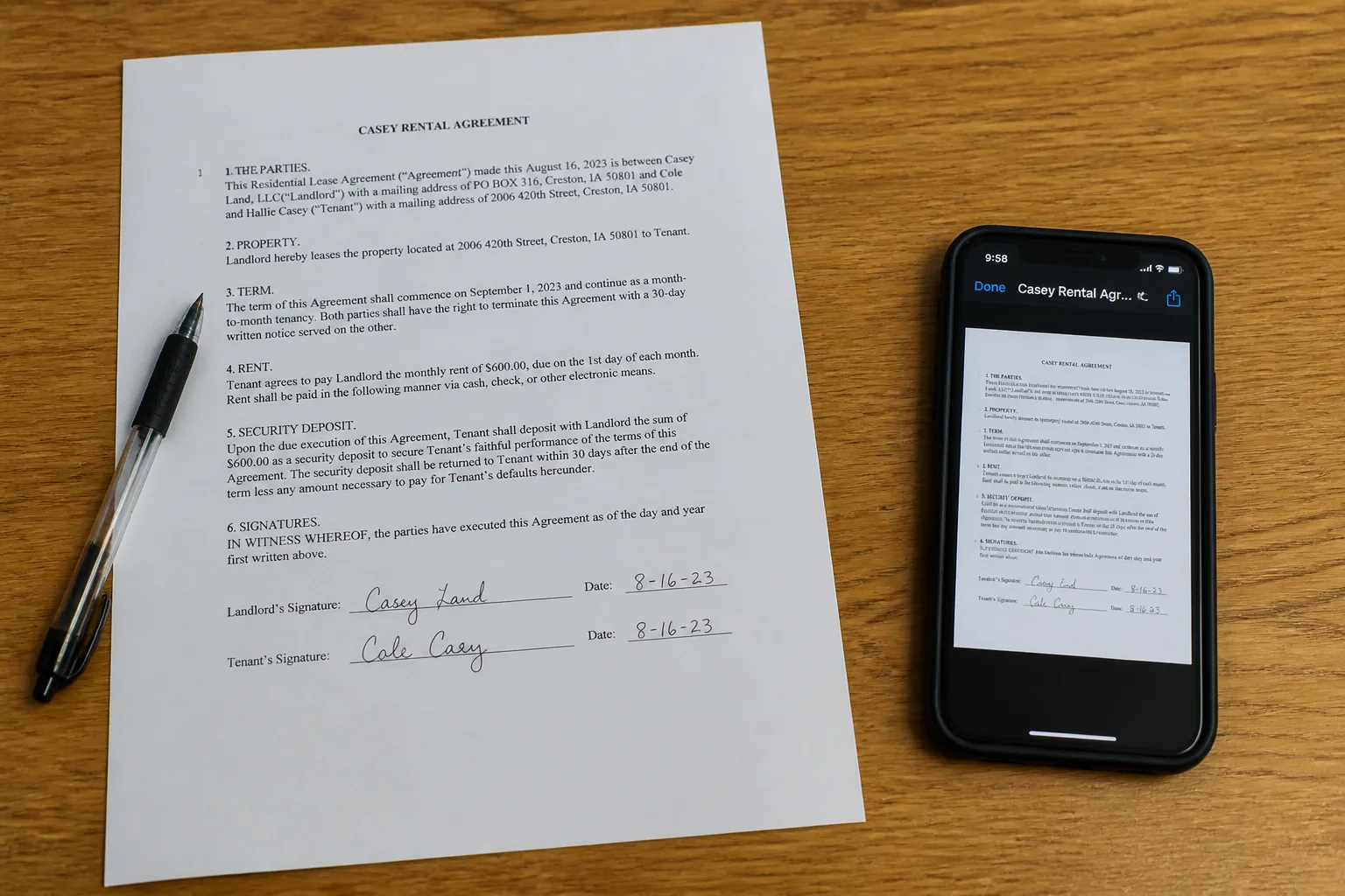 Contract with a pen beside a phone screenshot of a document