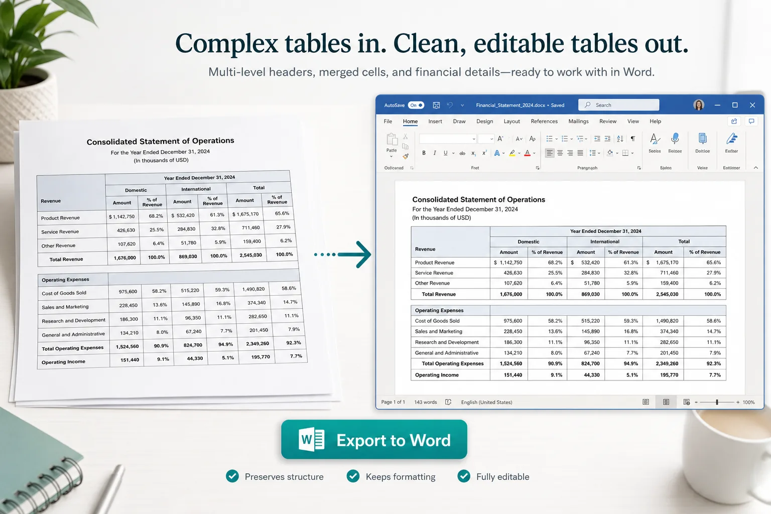 GLM OCR table layout exported to an editable Word document