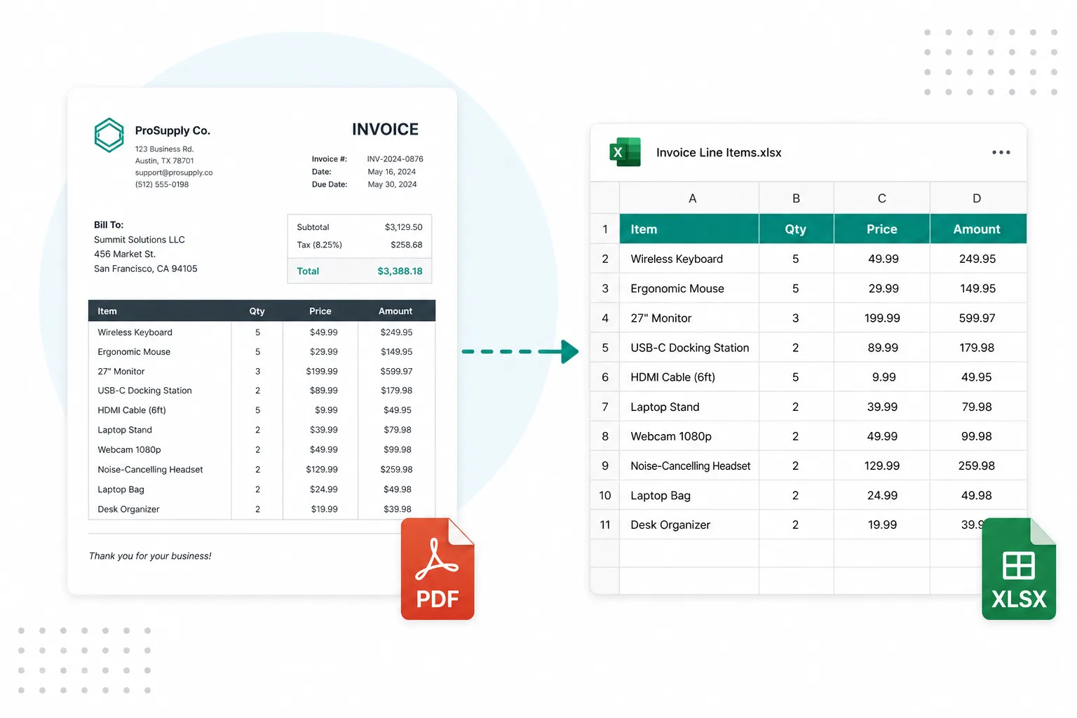 Convert vendor invoice PDF to Excel table