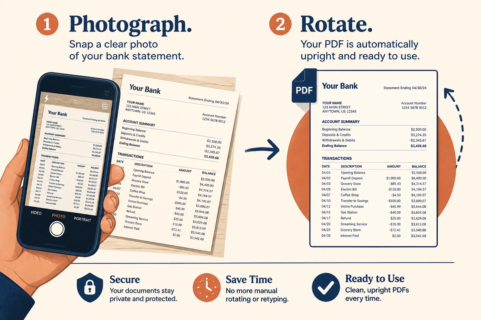 Rotate phone-captured statement PDF